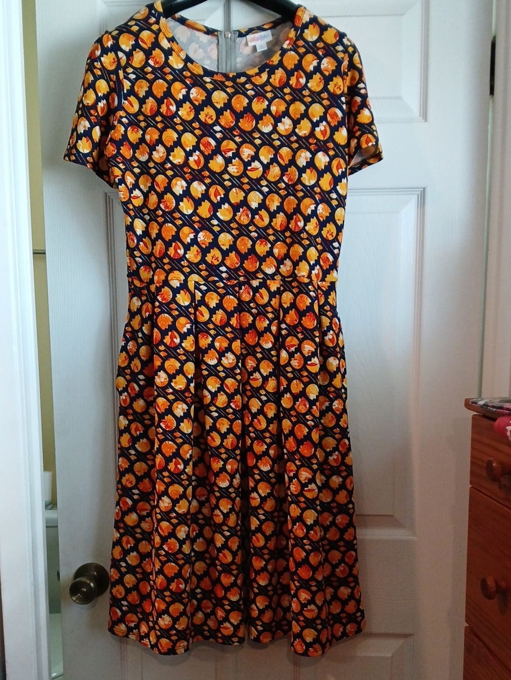 LuLaRoe Navy Dress with Orange and Yellow Floral Circles
